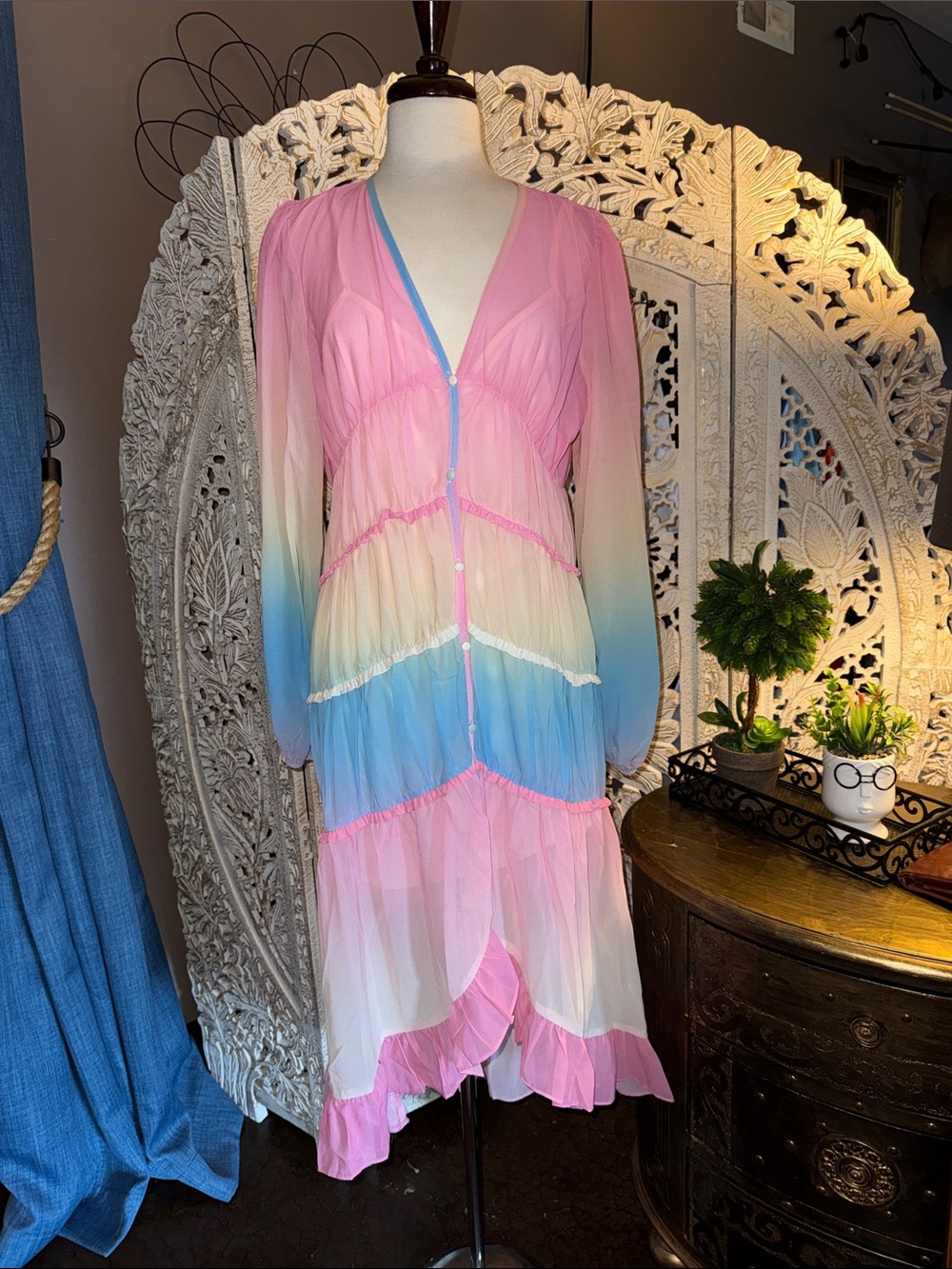 Free the Roses Sheer Ombre Midi Dress in Pink, Cream & Blue